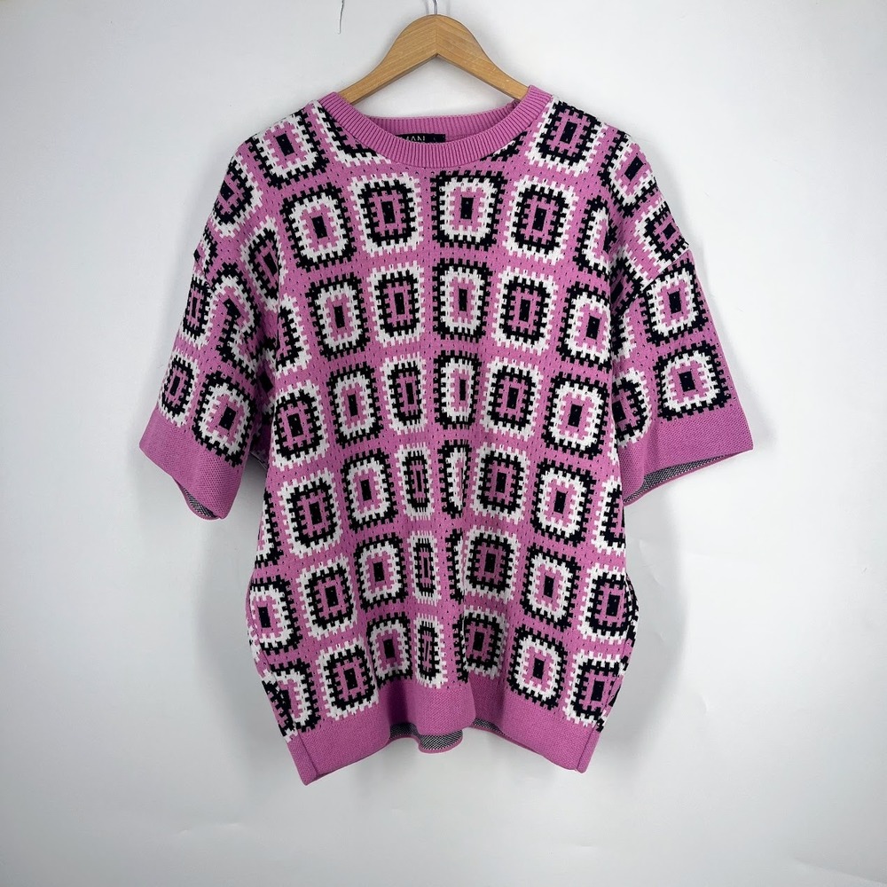 boohooMAN Mens Pink Oversized Crochet Knit T-Shirt‎ Geometric Tile BMM89006 L